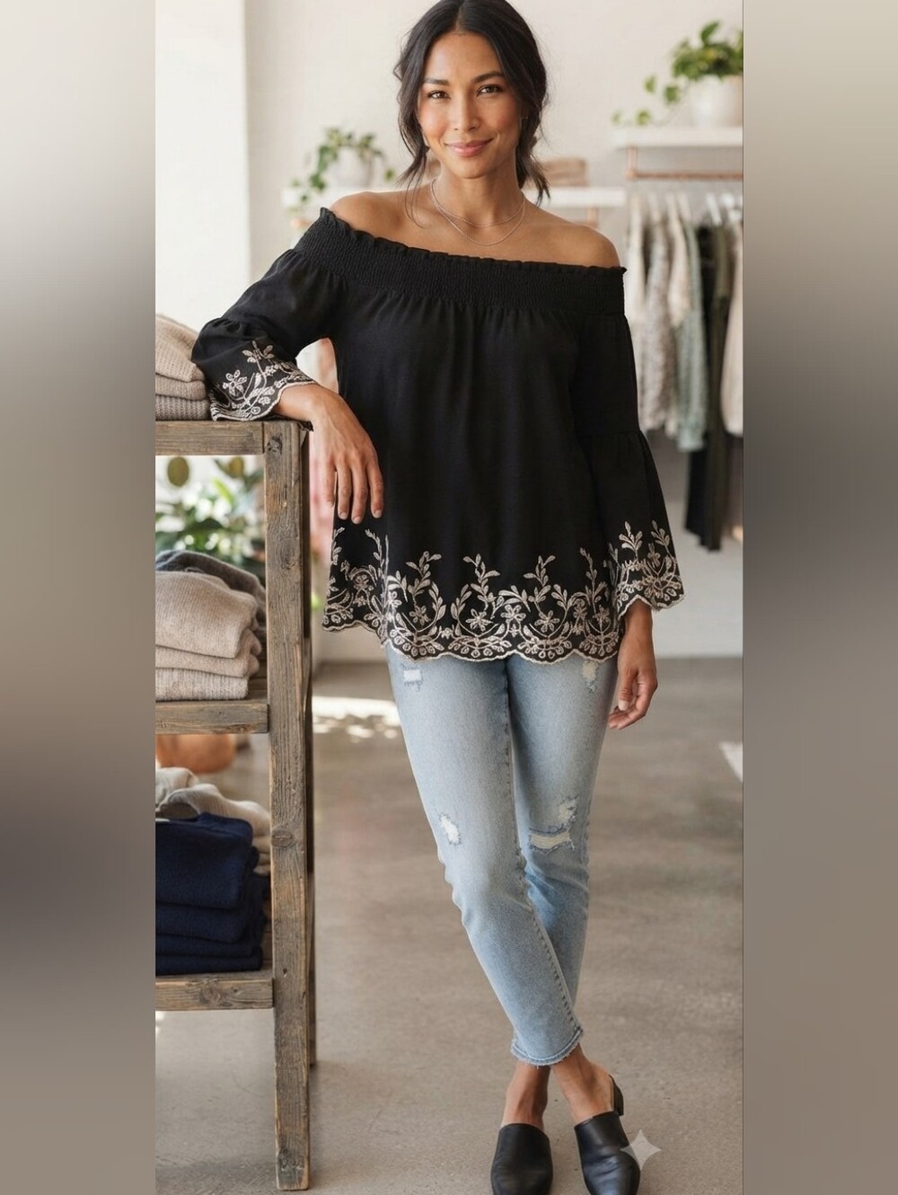 WHBM Embroidered Off the Shoulder Blouse Black Eyelet Bell Sleeve Small S